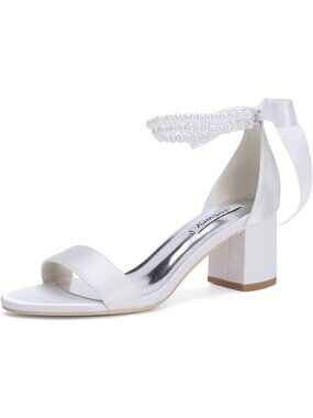 〽️Women's White Satin Block Heel Toe Bridal Open Wedding Imported Sandals Shoes
